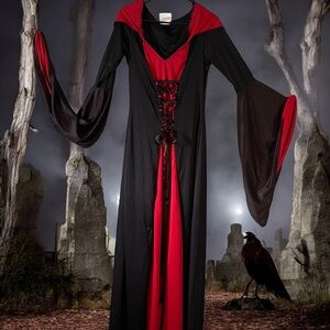 Costume Black red corset lace up cosplay witch halloween bell sleeve baphomet